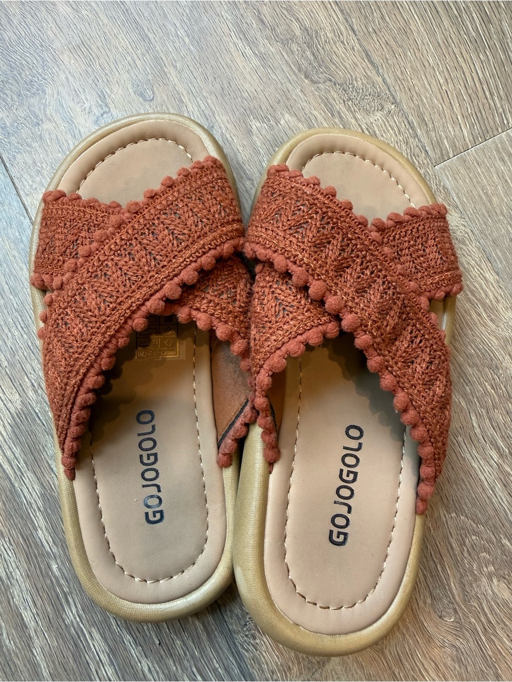 Gojogolo Rust Crochet Pom Slide Sandals for girls size 1-1.5